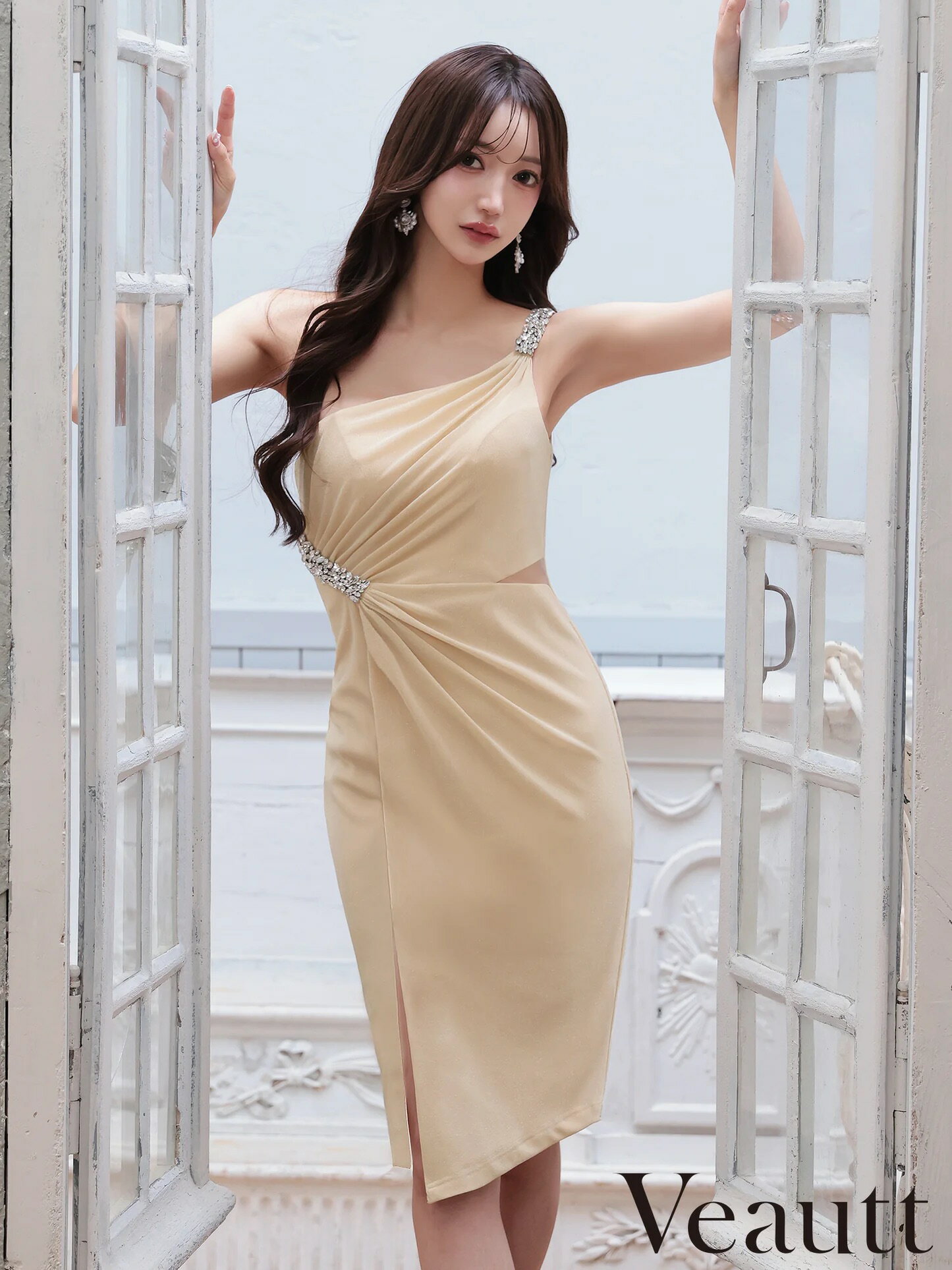 【予約3月下旬】ヴュート Veautt キャバドレス 膝丈 タイト ワンピース XS～Mサイズ ミニドレス ワンショルダー キャバ ドレス スリット ウエストカット タック キャバクラ キャバ嬢 結婚式 レディース 大人 エンジェルアール AngelR vt032604 送料無料