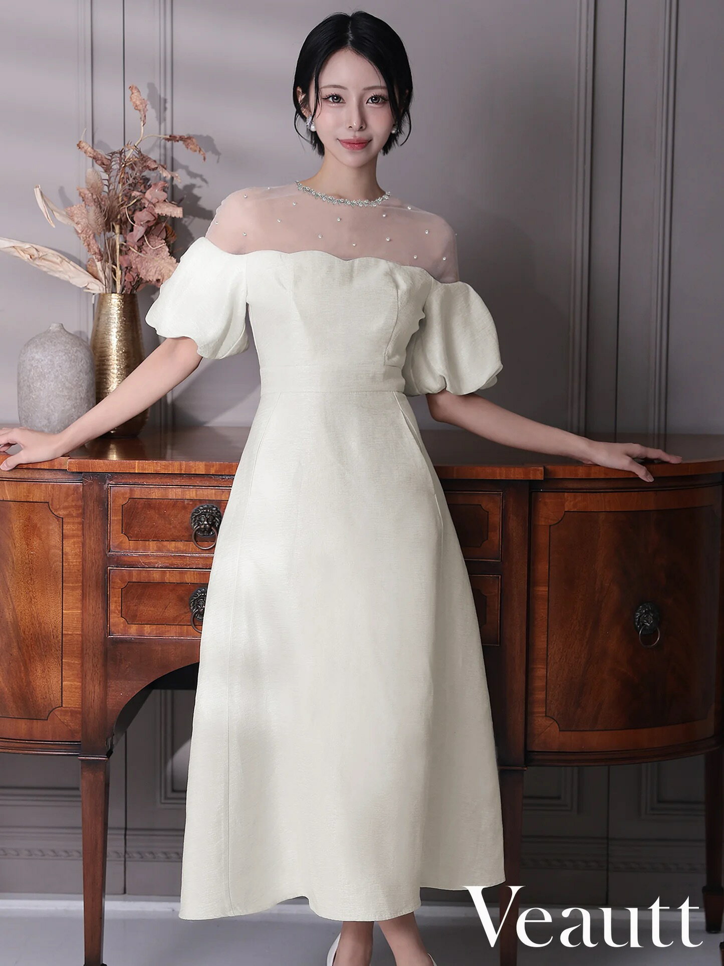 【盛りブラ付き】ヴュート Veautt キャバドレス 半袖 Aライン フレア ロングドレス ワンピース キャバ ドレス パフスリーブ レース ビジュー XS～Mサイズ ロングドレス キャバ ドレス キャバクラ 結婚式 レディース 大人 キャバ嬢 エンジェルアール AngelR vt082522 送料無料