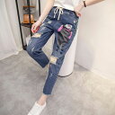 ウエストゴムで楽ちん★ 大きいサイズ レディース プリント 七分丈パンツ クロップドパンツ ボトムス デニム イージーパンツ lpp-
