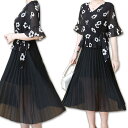 花柄 ワンピース 大きいサイズ レディース ドッキングワンピース 半袖 シフォン カシュクール プリーツ 黒 安い 膝丈 膝下 ロングワンピース 春 夏 夏物 ...