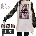 大きいサイズ レディース 長袖 袖シースルー プリント カットソー チュニック トップス ロンT 春夏物 夏物 cpp