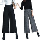 ウエストゴムで楽ちん★ 大きいサイズ レディース パンツ ガウチョパンツ ワイドパンツ 無地チェックきれいめ 大人 大人かわいい 通勤 オフィス 黒 lpp-