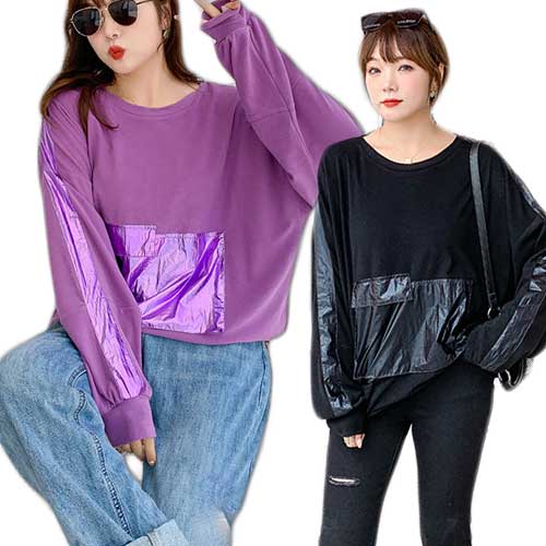 \全品送料無料11/27まで / 大きいサイズ レディース トップス トレーナー スウェット スエット シャイニー 箔 春 秋冬 長袖 トップス 着痩せ パープ...