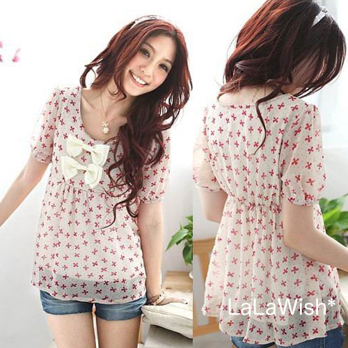 大きいサイズ レディース ブラウス トップス リボン柄 プリント シフォン ゆったり 半袖 春 夏 11号 LLサイズ 2L LL 13号 3Lサイズ 3L 15号 4L 17号 5L 19号 婦人服 20代 30代 40代 ファッション ピンク ベージュ 赤