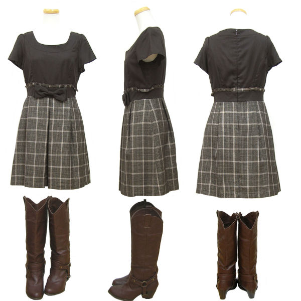 ウール ワンピース レディース 送料無料 リボン オフィス 通勤 通学 フェミニン ガーリー コンサバ セール 9号 キュート シンプル ラメ チェック リボン...