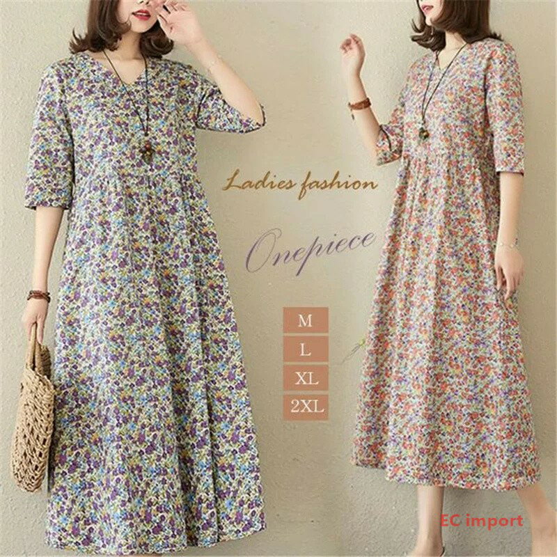花柄Aライン マキシワンピース フラワープリント ボリューム ワンピース ドレス レディース リネン 小花柄 花柄 Vネック 半袖 きれいめ フリル フレア ゆったり マキシ丈 ロング 着痩せ およばれ お出かけ オフィス 春 夏 秋