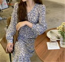 vネックブルー砕花ワンピース女性中長款2021夏の新優しさ風ロングスカート気質韓国版スカート無地 フレア ゆったり 着痩せ OL 通勤 大人 上品 エレガント