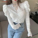 【chuten】ブラウス Tシャツ シャツ レディース 長袖 レースシャツ Vネック パフスリーブ 体型カバー 2021新作 カジュアル 通勤服 シンプル セク...