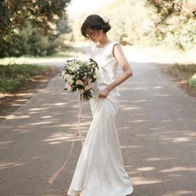 ホワイト ウェディングドレス マーメイド ノースリーブ ロングドレス マキシ丈 丸襟 ファスナータイプ XS～XL Wedding Dress お花嫁 結婚式 旅行撮影演出 レディース エレガント パーティードレス