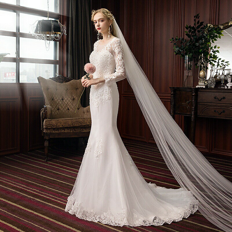 EC importのウエディングドレス 長袖 マーメイドドレス 結婚式 ロングドレス 花嫁 ウェディングドレス パーティードレス マーメイドライン 二次会 ブライダル エンパイア 発表会 披露宴 大きいサイズ/小きいサイズ 秋冬 wedding dress｜アングル2
