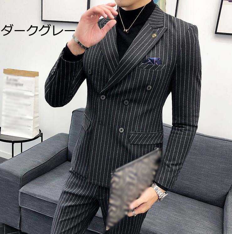 【送料無料】ビジネススーツ メンズ ダブルスーツ セットアップ ストライプ 紳士服 ビジネス スーツ フォーマルスーツ 2点セット ジャケット+パンツ 上下セット 披露宴 結婚式 パーティー 二次会 忘年会 カジュアルスーツ スリムスーツ 通勤 大きいサイズ S-3XL 新作
