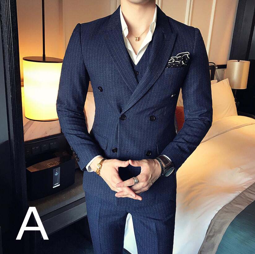 【送料無料】ダブルスーツ フォーマルスーツ ビジネススーツ メンズ スリムスーツ ストライプ メンズスーツ 紳士服 スタイリッシュスーツ セットアップ 卒業式 入学式 スーツセット 3点セット ジャケット+ベスト+ズボン パーティー 披露宴 二次会 忘年会 M/L/XL/2XL/3XL