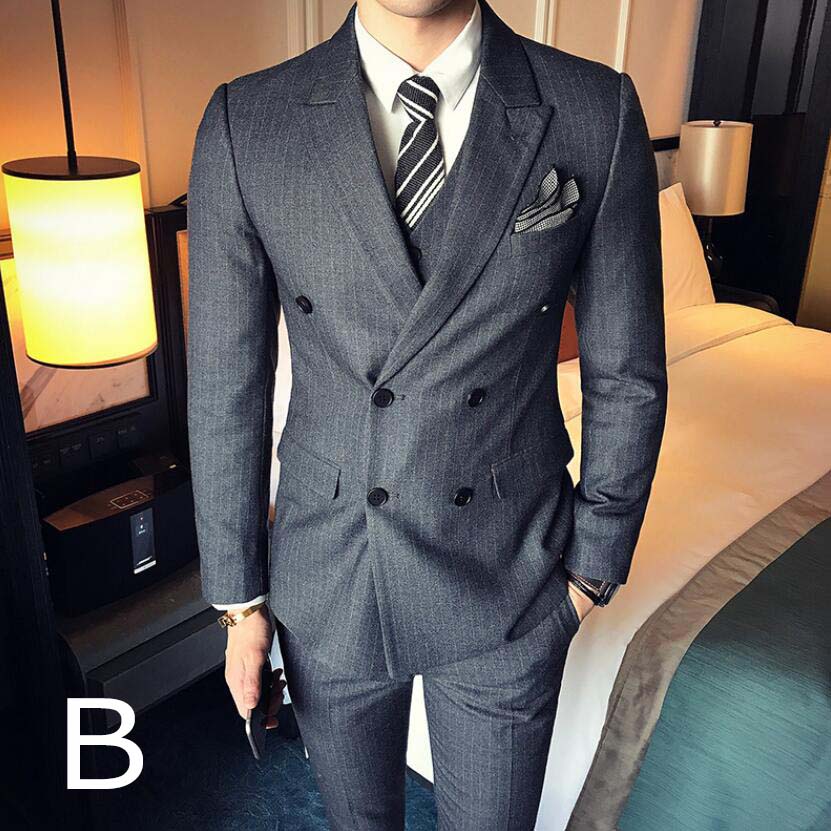 【送料無料】ダブルスーツ フォーマルスーツ ビジネススーツ メンズ スリムスーツ ストライプ メンズスーツ 紳士服 スタイリッシュスーツ セットアップ 卒業式 入学式 スーツセット 3点セット ジャケット+ベスト+ズボン パーティー 披露宴 二次会 忘年会 M/L/XL/2XL/3XL