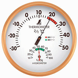 特長、用途 健康管理・省エネに役立ちます。 ・温度と湿度の測定に使用する温湿度計。 機能 ・温度を大きく表示しました。 ・適温、適湿ゾーンには色が付いています。 仕様 ・温度計精度　　●-21℃以下：±4℃　　●-20〜40℃：±2℃　　●41℃以上：±4℃ ・測定範囲　　●温度計：-30〜50℃　　●湿度計：0〜100％ ・湿度計精度　　●34％以下：±10％　　●35〜75％：±5％　　●76％以上：±10％ ・1目盛　　●温度計：2℃　　●湿度計：5％ 材質 ・本体：スチロール樹脂・ABS樹脂 ・目盛板カバー：スチロール樹脂 ・針：アルミ サイズ（mm）縦×横×奥 156×156×30 重量（g） 140 発売元 シンワ測定株式会社 ※品質向上のため予告無く仕様を変更する場合がございます。 ※商品画像の色合いは、画像処理上　若干異なる場合がございます。予めご了承下さい。