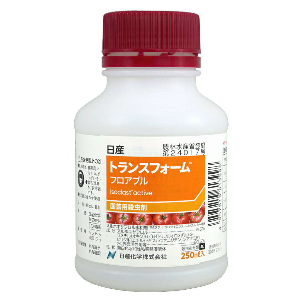 仕様農林水産省登録：第24017号有効成分：スルホキサフロル9.5%性状：類白色水和性粘稠懸濁液体りんご・なし・かんきつのカイガラムシ防除に カイガラムシ・コナジラミの特効薬！ 「スルホキシイミン系」の殺虫剤です。 現在の知見において、既存のどの系統の殺虫剤とも交差抵抗性は認められていません。 幅広い種類のカメムシ目害虫に効きます。 試験した全てのアブラムシ類（20種以上）とコナジラミ類に対して、卓越した効果が確認されました。 浸透移行性と浸達性があり、残効性に優れます。 散布後に展葉してくる新葉にも有効成分が移行し、一定期間防除効果が期待できます。 速効性に優れています。 散布後すぐに、ストレッチ症状が観察され、数時間後には多数の虫が落下して死亡します。（カイガラムシ類を除く） ※品質向上のため予告なく仕様を変更する場合がございます。 ※パッケージのリニューアル等につき、商品画像が異なる場合がございます。予めご了承ください。 ※商品画像の色合いは、画像処理上、若干異なる場合がございます。予めご了承ください。 ※本商品は、商品特性上、返品をお受けする事ができません。