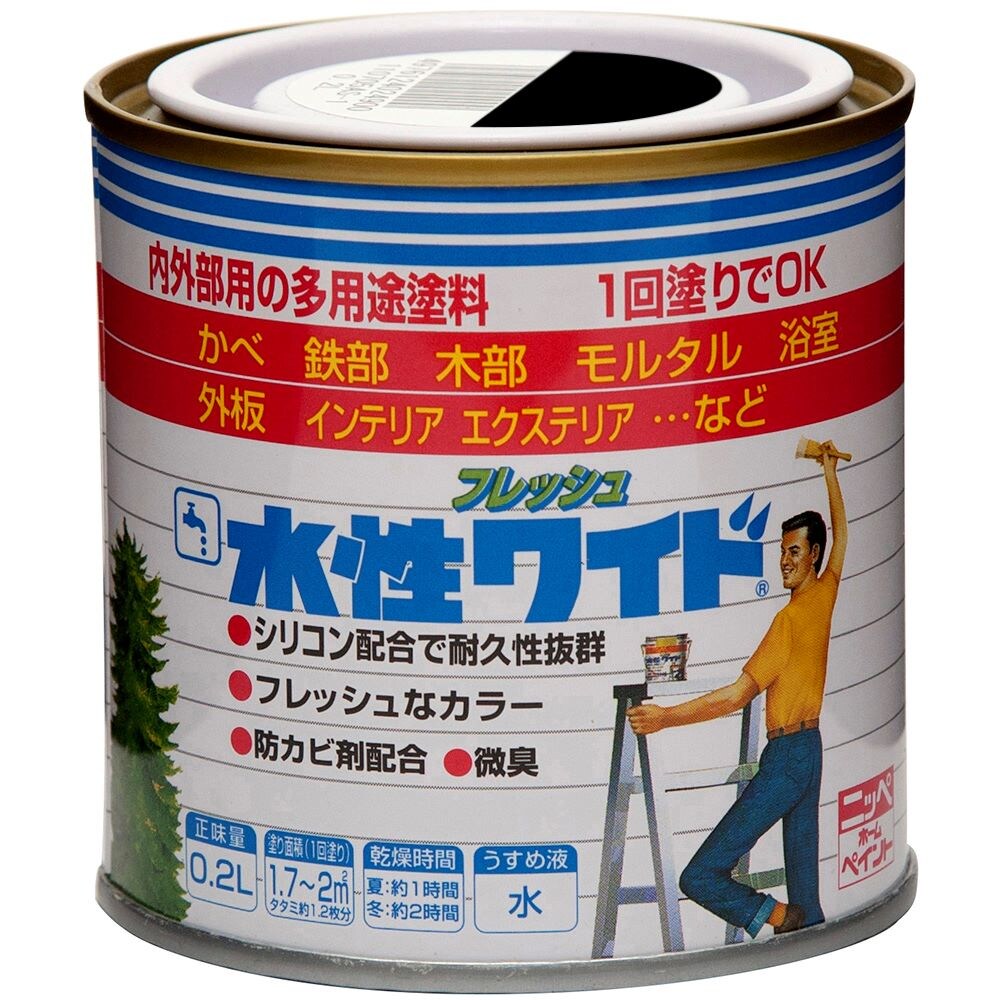 仕様 色:ブラック 容量:0.2L 成分:アクリル・シリコンエマルションペイント・優雅なつや(半つや) 乾燥時間:夏(30℃)約1時間/冬(10℃)約2時間 塗面積:1.7~2平方メートル(タタミ約1.2枚分) 製品サイズ(mm) 幅×奥行×高さ:77×77×80 製品重量(g) 310 商品説明 屋内外の多用途塗料、シリコン配合で耐久性抜群。 塗膜は汚れにくく、付着した汚れも水ぶきで簡単に洗浄できる(ウォッシャビリティに優れる)高性能塗料です。 優雅なつや(半つや) 微臭。 用途:屋内外の木部・鉄部・コンクリートなど。(テーブルの天板、床面は塗れません) ※品質向上のため予告なく仕様を変更する場合がございます。パッケージのリニューアル等につき、商品画像が異なる場合がございます。商品画像の色合いは、画像処理上、若干異なる場合がございます。