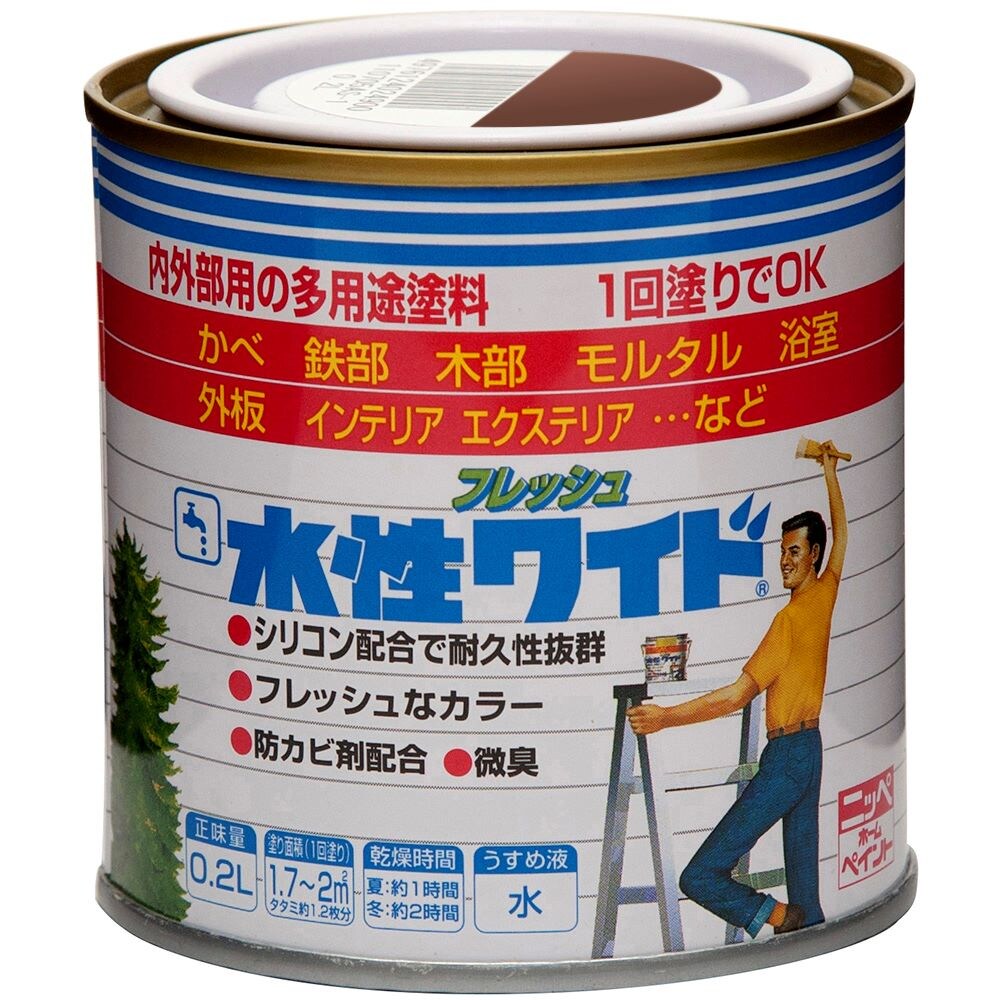 仕様 色:アースブラウン 容量:0.2L 成分:アクリル・シリコンエマルションペイント・優雅なつや(半つや) 乾燥時間:夏(30℃)約1時間/冬(10℃)約2時間 塗面積:1.7~2平方メートル(タタミ約1.2枚分) 製品サイズ(mm) 幅×奥行×高さ:77×77×80 製品重量(g) 310 商品説明 屋内外の多用途塗料、シリコン配合で耐久性抜群。 塗膜は汚れにくく、付着した汚れも水ぶきで簡単に洗浄できる(ウォッシャビリティに優れる)高性能塗料です。 優雅なつや(半つや) 微臭。 用途:屋内外の木部・鉄部・コンクリートなど。(テーブルの天板、床面は塗れません) ※品質向上のため予告なく仕様を変更する場合がございます。パッケージのリニューアル等につき、商品画像が異なる場合がございます。商品画像の色合いは、画像処理上、若干異なる場合がございます。
