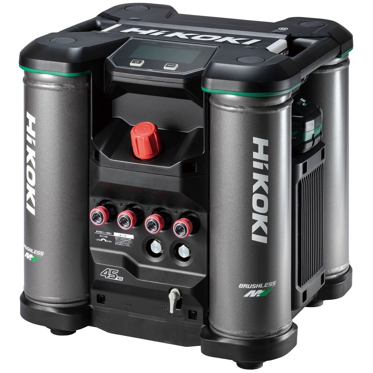 仕様 電圧:100V 消費電力:1500W コード長さ:2.5m タンク容量:16L 吐出し空気量(L/min):50~120(高圧) 付属品:無し 製品サイズ(mm) 幅×奥行×高さ:395×440×450 製品重量(g) 21500 商品説明 AC＋DCハイブリットテクノロジーにより大容量クラス同等のパフォーマンスを実現した高圧エアコンプレッサ。 マルチボルトバッテリーでブースト機能搭載。 使いやすさを追求したデザイン。 低振動で快適作業。 本体に充電機能を搭載。 本体アラームと蓄電池アラーム機能を搭載。 アプリでコンプレッサの状態を見ることができて、遠隔操作で電源のON/OFFやモード変更等が可能。 ※品質向上のため予告なく仕様を変更する場合がございます。パッケージのリニューアル等につき、商品画像が異なる場合がございます。商品画像の色合いは、画像処理上、若干異なる場合がございます。