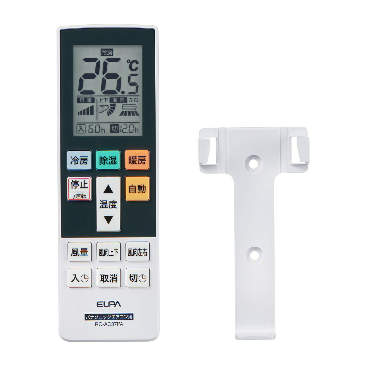 仕様 動作距離:約7m(使用機器や部屋の条件により異なります) 電源:単四形乾電池×2本(別売) 電池持続時間:約12ヶ月(アルカリ乾電池使用時)※電池の性能、使用条件により電池寿命は短くなる場合があります。 外形寸法(約):幅55×高さ171×厚さ24mm(最大値) 質量(約):102g(電池除く) 付属品:ホルダー、ホルダー用取付ネジ2本 対応機種:パナソニック(ナショナル)2000年製~2018年製(対応年代は目安です)※本機はエアコンの製造年で適合判断しています。エアコンの型式で適合判断はできません。 商品説明 設定不要ですぐに使えるエアコンリモコン。 大きく見やすい液晶画面。 夜間の操作に便利なバックライト機能付き。 0.5℃単位の温度調節に対応。(対応機器のみ) 設定した時間後に入/切できるタイマー設定機能。入/切を同時に設定も可能(1回のみ) ※品質向上のため予告なく仕様を変更する場合がございます。パッケージのリニューアル等につき、商品画像が異なる場合がございます。商品画像の色合いは、画像処理上、若干異なる場合がございます。