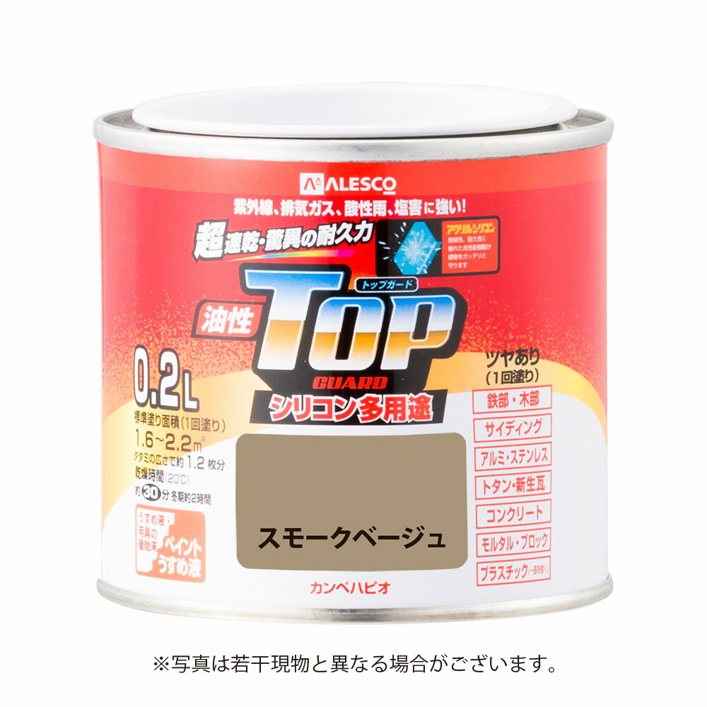 ブランド名 カンペハピオ 商品名 油性トップガード 【0.2L】 ［スモークベージュ］ 特長 紫外線、排気ガス、酸性雨、塩害に強い！ ■アクリルシリコン樹脂により紫外線、排気ガス、酸性雨、塩害の 　 汚れに強い強靭な塗膜を形成します。 ■アクリルシリコン樹脂をベースに光安定剤、高級顔料を使用する事により、 　 優れた光沢保持・色調保持を実現しました。 ■たれにくく塗りやすい超速乾型塗料なので作業性が抜群です。 ■さび止め剤配合で、鉄部をさびから守ります。 ■木部・鉄部だけではなく、コンクリート、新生瓦、アルミ、プラスチックなど 　 多用途に塗装できます。 用途 ・シャッター、門扉、板塀、雨戸などの鉄部およびアルミ・ステンレス。 ・トタン、セメント瓦、スレート瓦、新生瓦（カラーベスト、コロニアル）などの住まいの屋根。 ・屋内外の木部、家具、木工品などの木製品。 ・コンクリート、モルタル面の外壁及びサイディング面（セラミック系は除く）。 ・硬質塩ビ、アクリル、FRP、ABSのプラスチック面。 乾燥時間 約30分（気温20℃）、冬期は約2時間 塗り重ねるときは2時間以上（20℃）、冬期は6時間以上 塗り面積（1回塗り標準面積） 容量 塗り面積 塗り面積（タタミ換算） 0.2L 約1.6〜2.2m2 約1.2枚分 うすめ液 ・ペイントうすめ液 （塗料の粘度が高く塗りにくい時はペイントうすめ液でうすめてください。） ・使い終えたハケや用具などもペイントうすめ液で洗えます。 販売者 株式会社カンペハピオ ※品質向上のため予告無く仕様を変更する場合がございます。 ※商品画像の色合いは、画像処理上　若干異なる場合がございます。予めご了承下さい。 ※パッケージリニューアル等につき、商品画像が異なる場合がございます。予めご了承下さい。