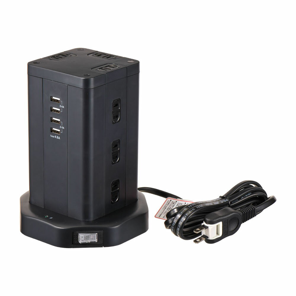エルパ ELPA 集中スイッチ付タップ タワー型 2m 耐雷サージ ブラック WBS-TW1204USB(BK)