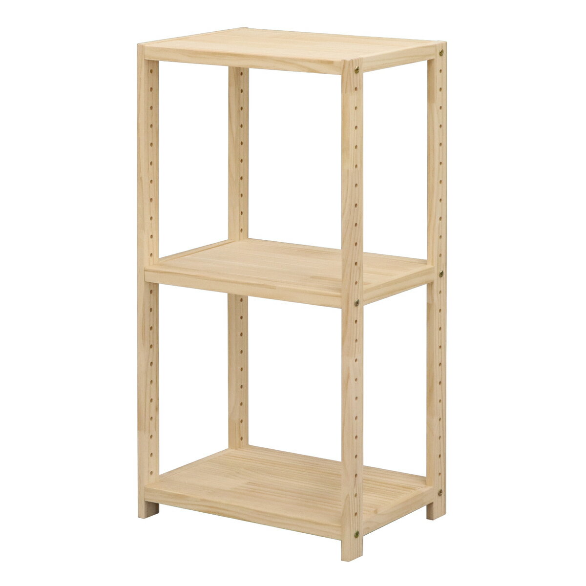 仕様 その他サイズ:天板サイズ(約)/幅39.5×30×厚み2.6cm、棚板調整用穴/25個、穴ピッチ32mm、穴直径/7.7mm 耐荷重(約):棚板10kg/枚、全体30kg 材質:フレーム・棚/天然木(無塗装) 組立:お客様組立品 追加棚板(別売):パインラック用棚板40 HZPR-S40 NA 製品サイズ(mm) 幅×奥行×高さ:425×300×830 製品重量(g) 3300 商品説明 天然木を使用したシンプルな3段収納ラック。 パインラックシリーズには、全6サイズ(幅3種類、高さ3種類)があります。収納する物やお部屋に合わせてお選びいただけます。 本棚として、ディスプレイラックとして、インナーボックスを入れるなど、色々な収納に。 棚は32mmピッチで高さ調整が可能。 脚裏には傷防止のフェルト付き。 別売パインラック用棚板40(HZPR-S40 NA)を追加して、ラック本体同士を連結し、オリジナルのラックを作ることができます。 無塗装の天然木を使用しているので、経年の色の変化を楽しめます。 お好きな色にペイントすることもできます。 収納力アップに、ディスプレイラックとしてなど、楽しみ方は色々。可能性が広がるラックです。 ※品質向上のため予告なく仕様を変更する場合がございます。パッケージのリニューアル等につき、商品画像が異なる場合がございます。商品画像の色合いは、画像処理上、若干異なる場合がございます。直送商品代引き不可時間指定不可