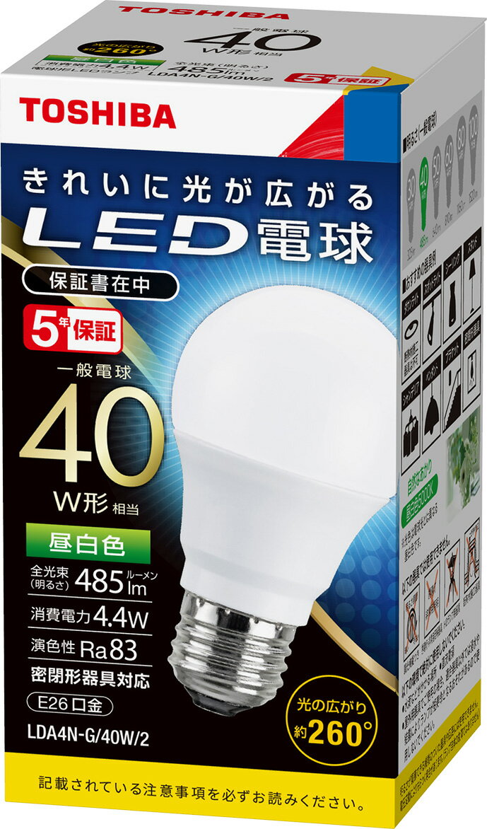 東芝 　LDA4N-G/40W/2　昼白色　単品　E26口金 LED電球 全方向タイプ配光角260度　一般電球40W形相当　