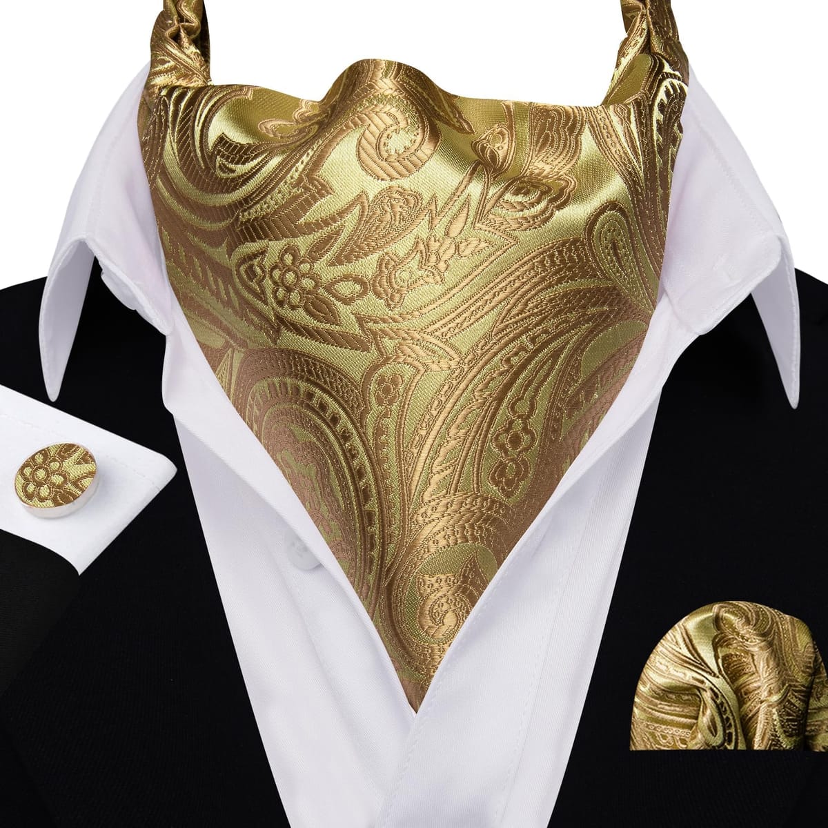 Barry.Wang アスコットタイ クラバット ネクタイ メンズ ペイズリー チェック柄 スカーフ セルフタイ ポケット スクエア カフスボタン セット 結婚式 パーティー, B ゴールド ペイズリー, One Size