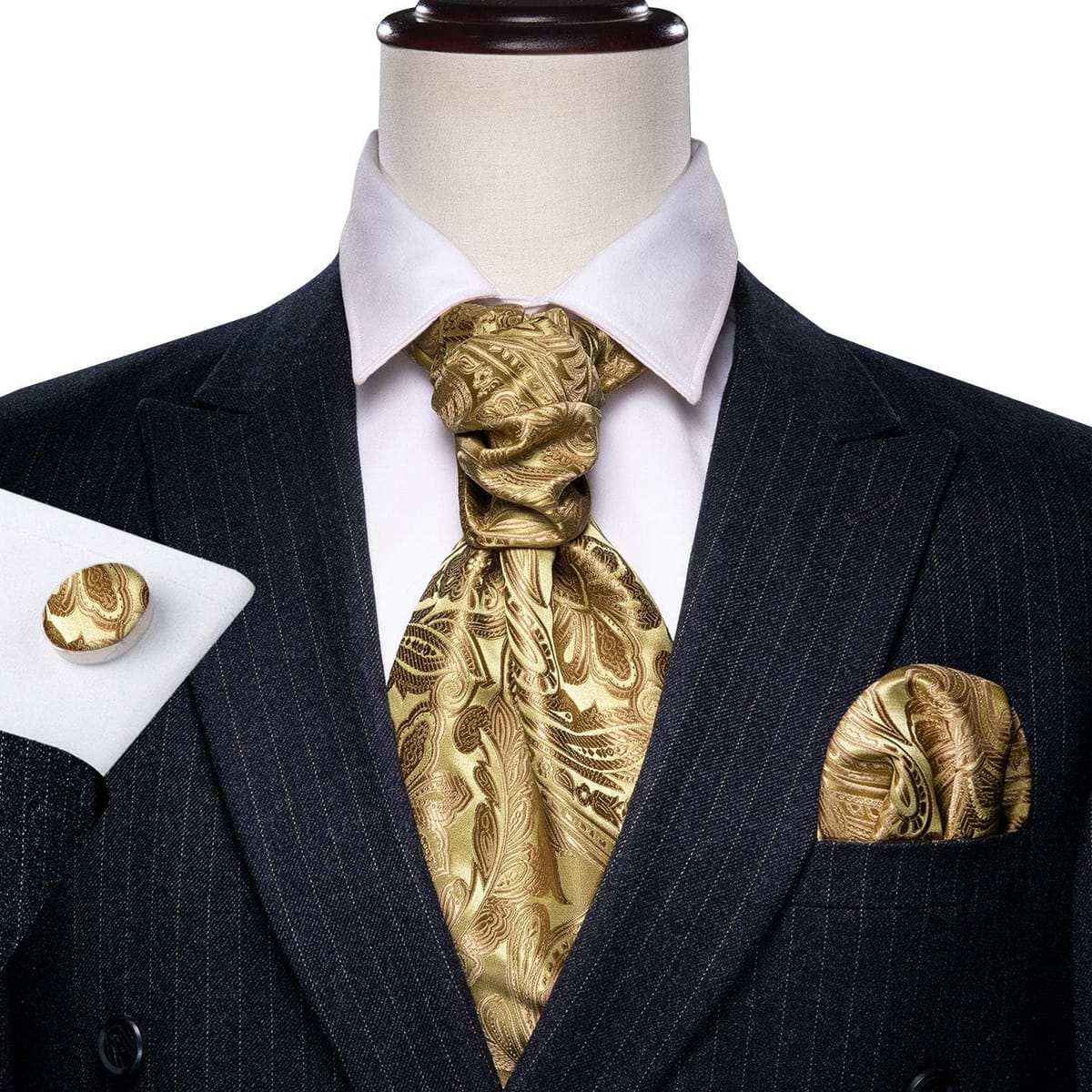Barry.Wang アスコットタイ クラバット ネクタイ メンズ ペイズリー チェック柄 スカーフ セルフタイ ポケット スクエア カフスボタン セット 結婚式 パーティー, B ゴールド ペイズリー, One Size