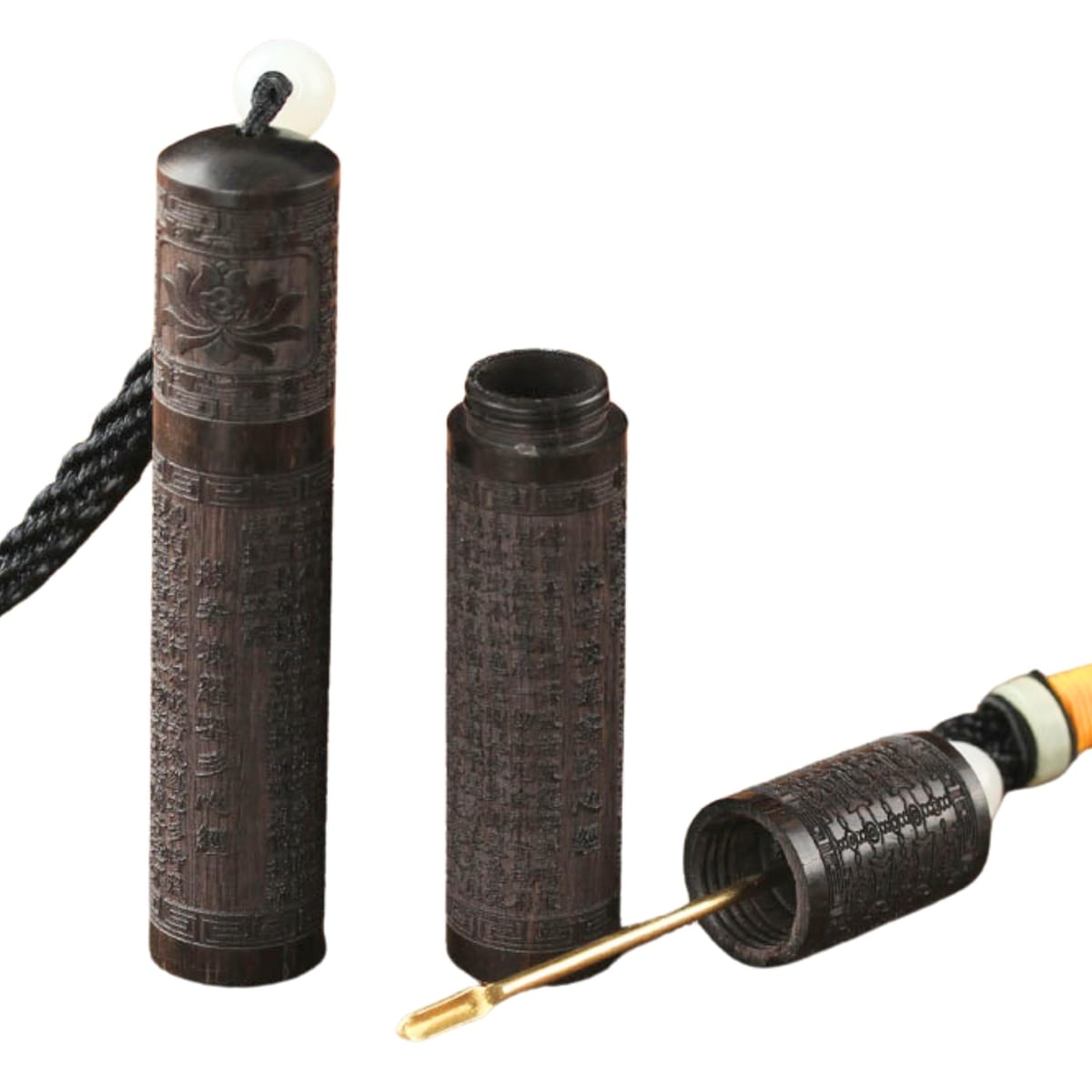 [HYmish]塗香入れ 薬さじ付き 直径1.8cm 薬さじ付き コンパクトサイズ 参拝 黒檀 ストラップ付き
