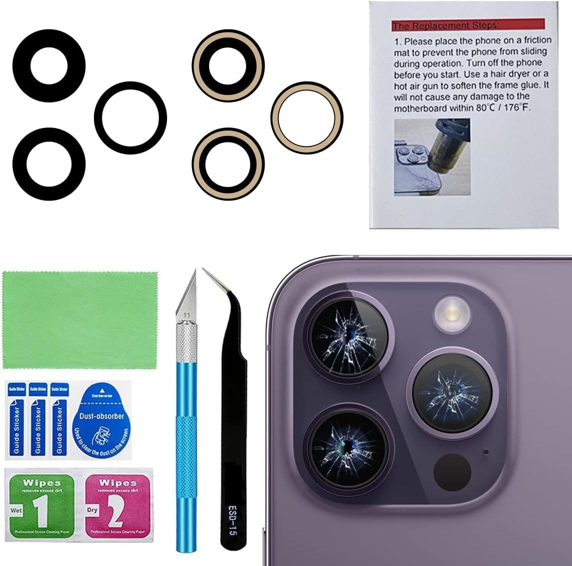 Perzework OEM バックリアカメラレンズガラス交換品 iPhone 14 Pro および iPhone 14 Pro Max 用 接着剤と修理ツールキット
