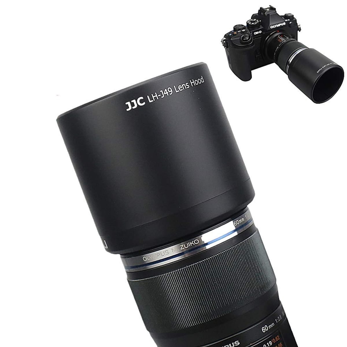 JJC リバーシブルレンズフードシェードカバープロテクター Olympus M.Zuiko Digital ED 60mm F2.8 マクロレンズ用 Olympus LH-49レンズフードの交換用、リバース後にオリジナルの46mmレンズキャップを使用可能
