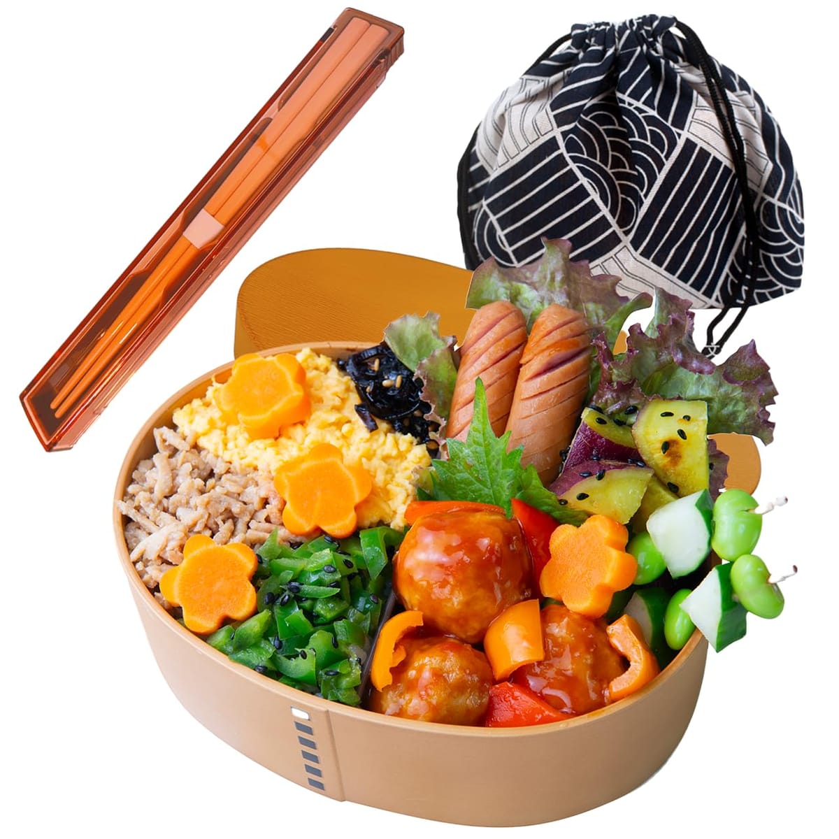 centcres レンジ対応 曲げわっぱ風 お弁当箱・巾着・お箸・保冷温ランチバッグ セット 小判型 1段 550m..