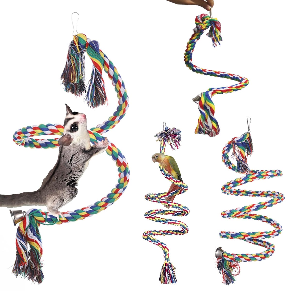 ONE-K モモンガ おもちゃ フクロモモンガ レインボースプリング 虹色 インコ 鳥 小動物 遊び場 ロープ カラフル