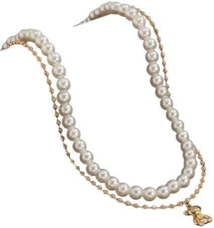 [BrightVista] モテる男のアクセサリー クマ ゴールド チャーム パール ネックレス フェイクパール＆ビ..