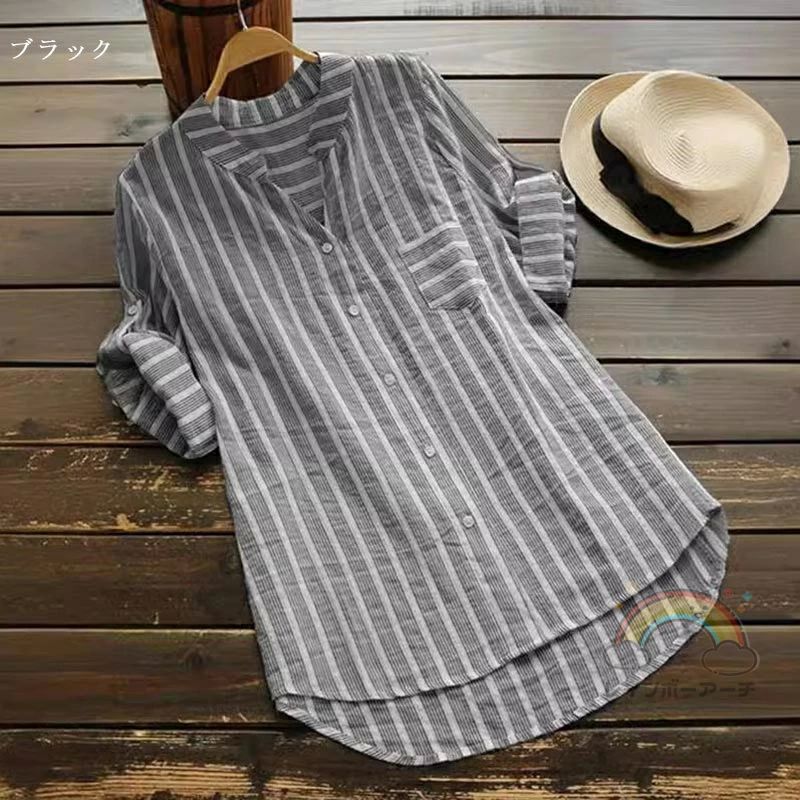 LANDBOX STOREのシャツ 半袖 チュニック 七分袖 春 夏 大きいサイズ ロングシャツ レディース シャツブラウス ストライプ シャツ ブラウス トップス ストライプシャツ シャツワンピ チュニック 大人可愛い 着痩せ チュニックワンピース 着回し｜アングル2