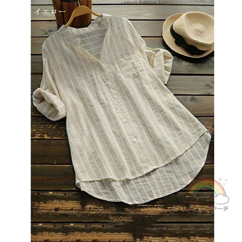 LANDBOX STOREのシャツ 半袖 チュニック 七分袖 春 夏 大きいサイズ ロングシャツ レディース シャツブラウス ストライプ シャツ ブラウス トップス ストライプシャツ シャツワンピ チュニック 大人可愛い 着痩せ チュニックワンピース 着回し｜アングル3