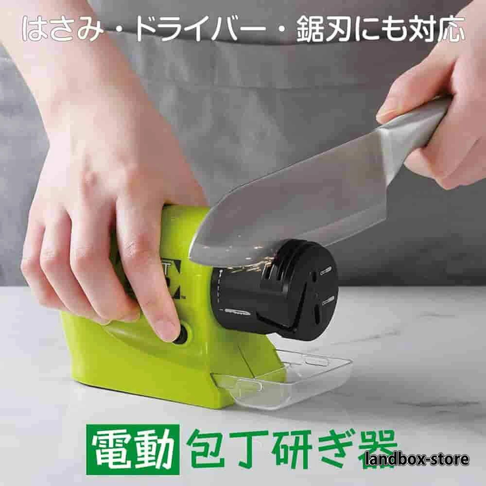 製品素材：ABS。 製品重量：145g。 軽量ボディーで、色々な刃物に対応。 キッチン包丁、パン切り包丁などの鋸刃、出刃包丁、はさみ、ドライバー等に使えます。 単3乾電池4本で使用できます。（電池は含まれていません）