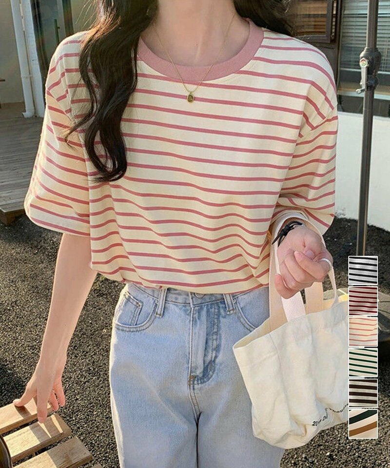 ボーダーtシャツ半袖 レディース 韓国風 涼しいボーダートップス おしゃれ夏服 着やせ ラウンドネックTシャツ 配色プルオーバー 薄手カットソーカジュアルきれいめ84YOUQI-001