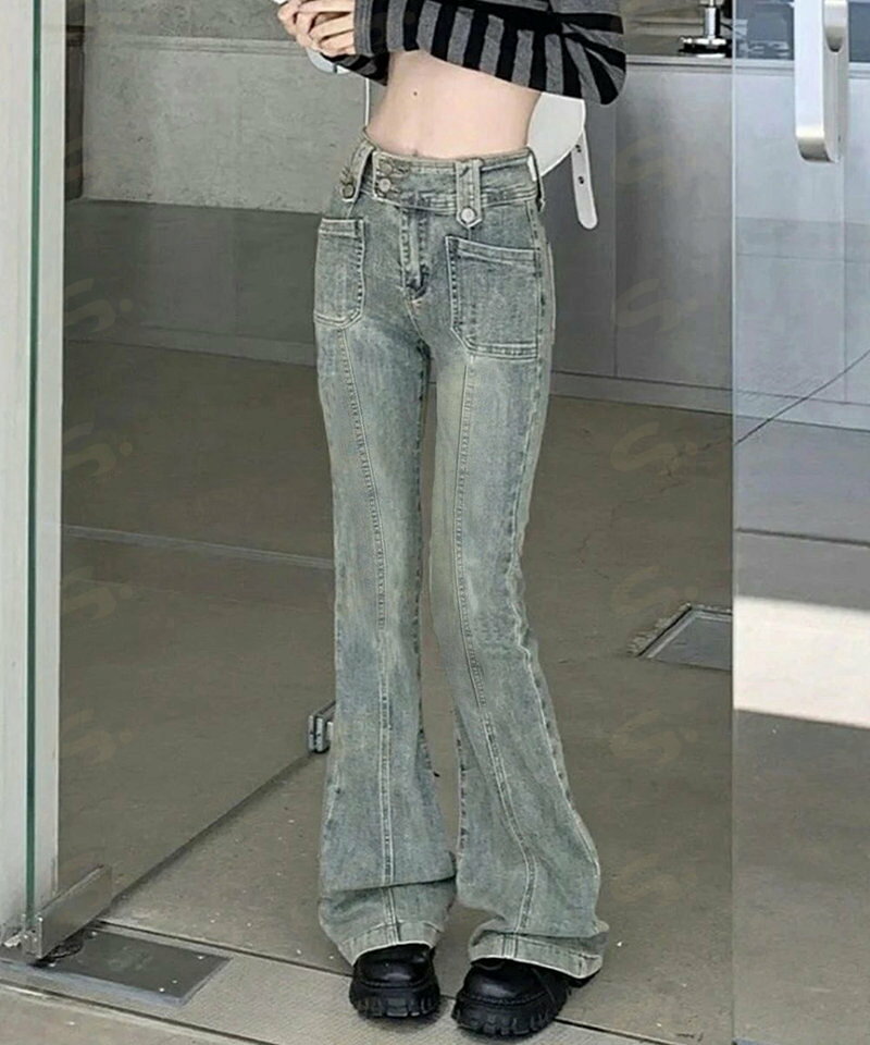 セミフレアデニムパンツ ヴィンテージ風 ジーパン レディース ハイウエストジーンズ ストレッチ お洒落 レトロアメカジパンツ カジュアル 細身ボトムス 美脚脚長2YILIAN-001
