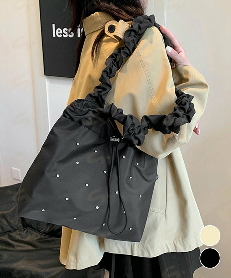 トートバッグ ラインストーン ナイロン レディース スクエアバッグ 手提げバッグ 大容量かばん 軽い ギャザー カジュアル 可愛い 大人女子 きれいめ99MSXB-008