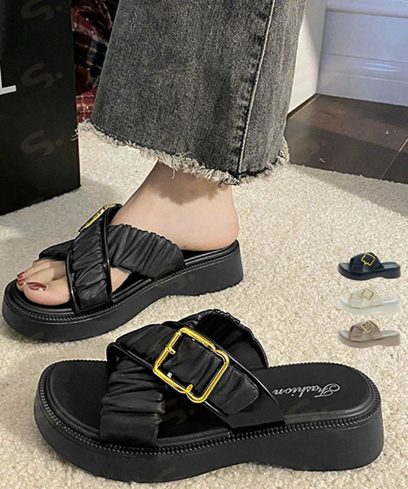 ■商品の特徴ギャザーベルトサマーサンダル レディース 履きやすいビーチサンダル 歩きやすい夏靴大人可愛い 軽量厚底スリッパ 美脚脚長ギャザーベルトにゴールドバックルをあしらった、可愛くておしゃれ度満点のサンダル 足をしっかりホールドするクロスベルトが歩行時の安定感を高め、長時間でも疲れにくい ボリュームのある厚底がトレンド感を演出し、さりげなくスタイルアップ 軽い履き心地で、デイリーユースはもちろん、アウトドアシーンにもおすすめ■詳細説明甲素材：PVC+合金 底素材：合成底カラー：ブラック/オフホワイト/ベージュ サイズ：S(36-37)/M(38-39)/L(40-41) （カッコ内は靴底表記となります） S:対応サイズ[23.0-23.5] 長さ:約24cm 幅:約10.4cm ヒール:約4cm プラットフォーム:約2.5cm M:対応サイズ[24.0-24.5] 長さ:約25cm 幅:約10.7cm ヒール:約4cm プラットフォーム:約2.5cm L:対応サイズ[25.0-25.5] 長さ:約26cm 幅:約11.0cm ヒール:約4cm プラットフォーム:約2.5cm 重さ（両足）：約486g-513g 生産国：中国■その他説明※すべて平置きサイズです（採寸方法違いより、多少の誤差がございますので、ご了承ください）。 ※海外輸入品のため、商品の細部仕様は多少異なる場合がございます。予めご了承の上、ご注文お願い致します。