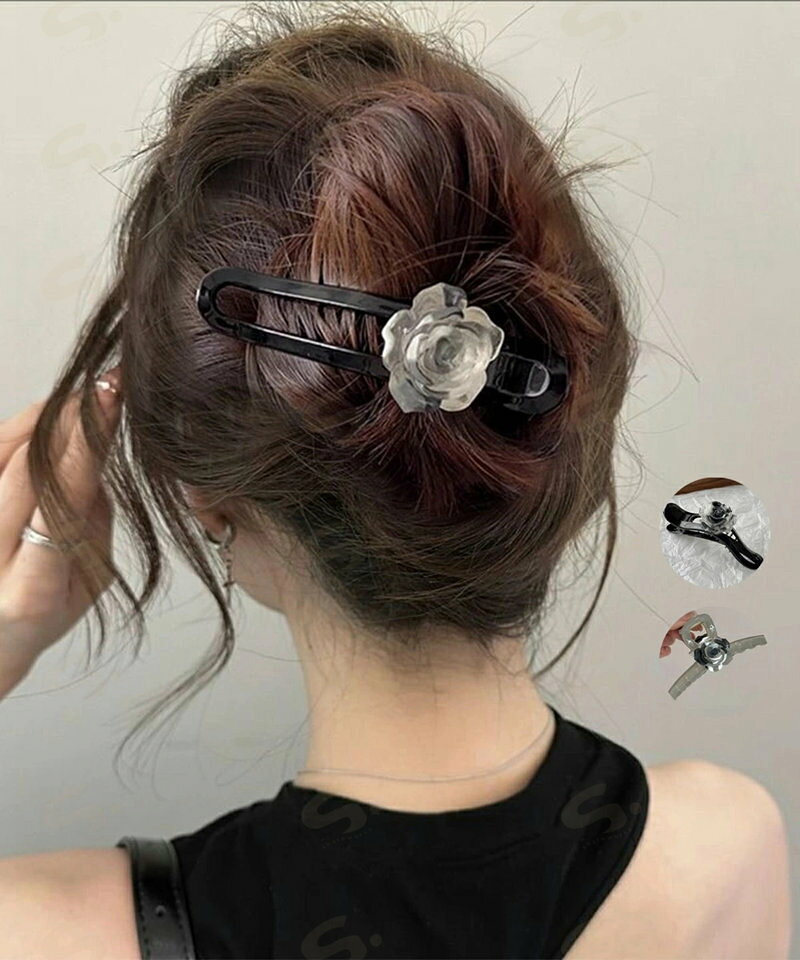 ■商品の特徴レディース ヘアアクセ 大人 まとめ髪 お洒落 雑貨 髪飾り 髪留め 結婚式 演奏会 可愛い 女子会 韓国ファッションエレガントなローズモチーフがポイントのヘアクリップ。 シックなモノトーンカラーで、大人っぽい雰囲気を演出してくれる。 シンプルながら存在感があり、ヘアアレンジのアクセントにぴったり。■詳細説明素材：合成樹脂カラー：ブラック（ダックビルクリップ）/グレー（バンスクリップ） サイズ: ダックビルクリップ 長さ:約10cm 高さ:約4cm 幅:約2cm バンスクリップ 長さ:約12cm 高さ:約4.5cm 幅:約3cm 生産国：中国■その他説明※包装に関しての注意点：こちらの商品は激 安で販売しているため、化粧箱は付いていませんが、商品に傷付かないよう簡易包装で発送とさせていただきます。 ※海外輸入品のため、商品の細部仕様は多少異なる場合がございます。予めご了承の上、ご注文お願い致します。