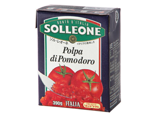 【SOLLEONE】（ソル・レオーネ） 本場イタリアの素材と味、そして品質にこだわり、 厳選したメーカーに製造委託されて作られる製品は、イタリアの家庭には欠かせません。 高品質でありながら庶民的。 イタリアのハイレベルな食文化を象徴するブランドです。 ダイス状にカットしたトマト。糖度が高く、酸味が少なくて果肉が厚くいトマトだけを使用。色鮮やかで、ジュース濃度が高いのが特徴。ダイス状にカットしてあるため、調理がしやすく、調理時間の短縮が可能になります。また、ダイスの形状を活かした様々な料理への応用が可能です。ダイス・トマトを「エコ・タイプ」の紙パックに充填、保存のしやすさ、使いやすさが特徴です。名称トマト・ピューレーづけ原産国イタリア原材料トマト、トマトピューレー/クエン酸内容量単品:390g、4個セット:390g×4個、16個セット:390g×16個保存方法直射日光を避けて常温保存賞味期限商品に記載輸入元日欧商事株式会社配送方法常温発送[ 配送・送料についてはこちら ]