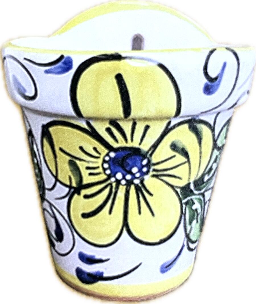 【植木鉢】 スペインのカラフルな 壁掛け鉢（黄花） 5号 陶器製 植木鉢 1鉢 【鉢底ネット・鉢底石・受皿：皿色ランダム】 スペイン製 13730