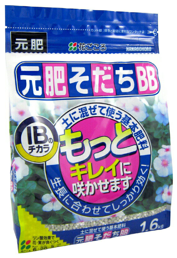 規格：1.6Kg袋 サイズ：170*250*65重量：説明：土に混ぜて使う、根に触れても安心な小粒のIB肥料です。植物が必要とする養分が生長に合わせて溶け出します。植え付け直後から、4ヶ月間ゆっくりと効きます。花付きと実付きを良くするリン酸成分を多く含む肥料です。