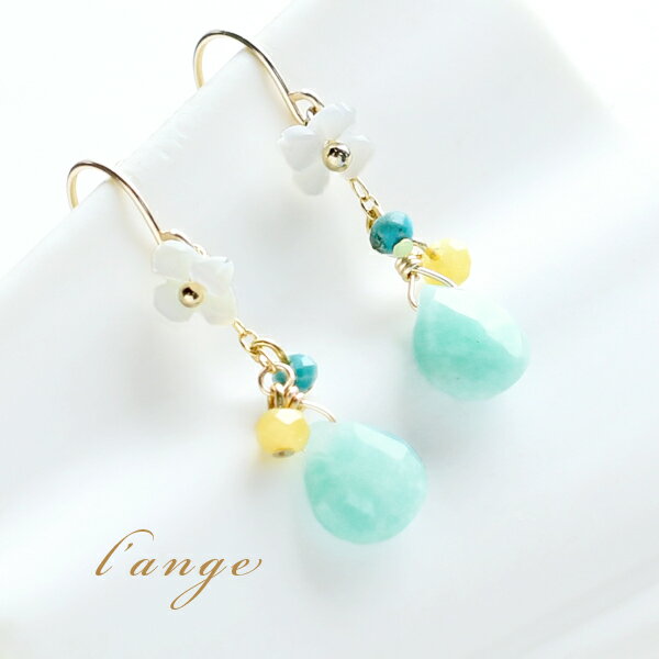 春夏 ピアス 天然石 アマゾナイト ターコイズ ジェード フラワー K14gf ピアス レディース ゴールド 日本製 華奢 春 可愛い 揺れる ミントブルー　12月誕生石のサムネイル