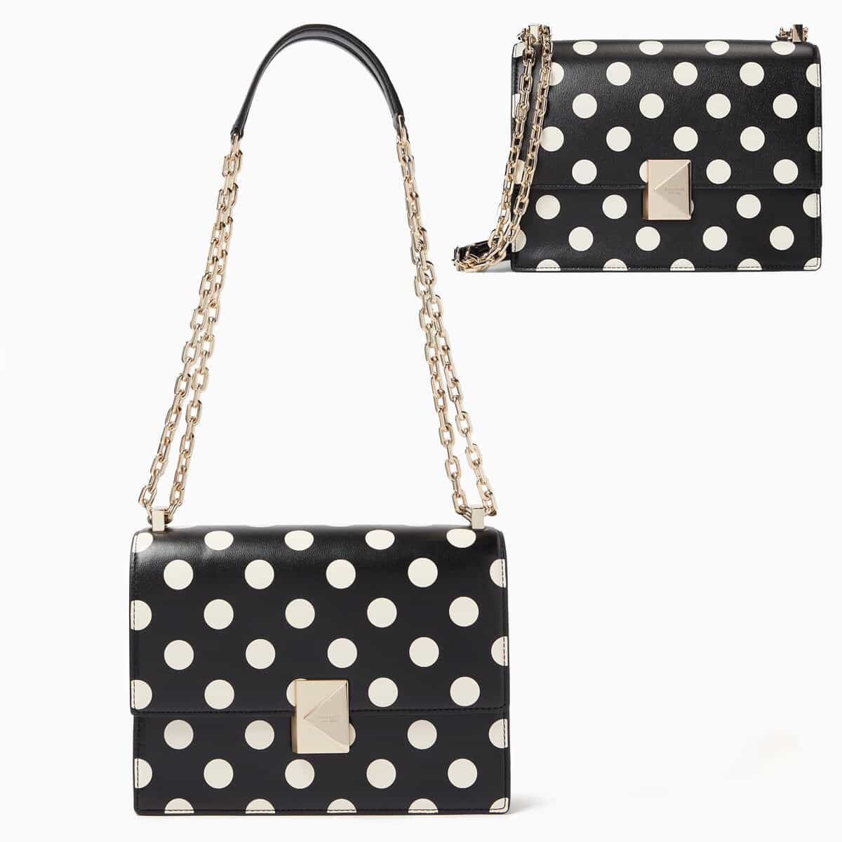Kate Spade New Yorkケイトスペードデコ チェーンショルダーバッグクラシックな形とモダンなグラフィックの要素、そして大胆な色使いが大人気のブランド。ケイト・スペードのショルダーバッグは、遊び心のあるポルカドットプリントが、かっちりとしたシルエットに気楽な雰囲気を添えています。ニューヨークでデザインされたこのバッグは、デザイナー名が刻印されたロック機構をはじめ、きらめく金具で装飾されています。商品名 デコ チェーンショルダーバッグDeco Chain Shoulder BagカラーBlack Multi サイズ・縦(約)17cm x 横(約)22.86cm x マチ(約)7cm・ハンドルドロップ(約)14cm・ストラップドロップ(約)55.88cm 素材Fine grain leather, Fine grain leather trim, Microsuede lining 商品詳細・スリップポケット・ジップポケット、スリップポケット・マグネットスナップ留め・ロゴ入りマグネット留め ケイトスペードのブランド名の由来？1993年、ファッション誌『マドモアゼル』の雑誌編集者だったケイトは、夫のアンディ・スペードと共に、何年も探したけれど見つからなかった実用的なバッグを自らデザインしました。もちろんブランド名の由来は自分の名前のケイトと夫のスペード合わせたもの。偽物・コピー商品にご注意！ 世界の人気ブランドは偽物・コピー商品の生産も盛んです。激安価格や偽公式サイトにはご注意ください。 当店の商品は『 100% 正規品保障！ 』です。安心してお買い物をお楽しみください。Kate Spade（ケイトスペード）⇒　ブランドページはこちらから