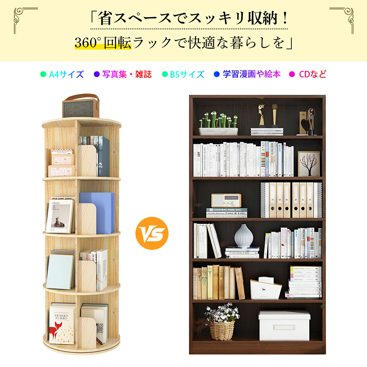 回転式 本棚 絵本棚 コミック収納棚 DVDラック 木製 3段/4段/5段 直径40cm A4が入る高さ 耐荷重80kg 大容量 回転ラック 組立簡単 推し活収納 ブックラック コンパクト収納 絵本ラック リビング 収納用品 整理整頓 省スペース キッチン languagebridge-10000544 Language Bridge サンプル画像3