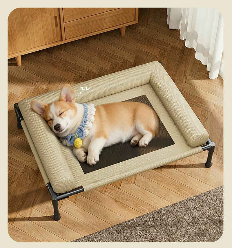 Rakuten - 犬用ベッド ペットベッド 猫用ベッド 夏用 ぐっすり眠るドッグコット ドッグコット ペットコット 犬 ベッド キャンプベッド あごのせ 透気メッシュ 猫犬兼用 抗菌防湿 防ダニ 洗える L型半包囲枕付き 快適サポート脚付き 地面から17cm離れ 四季対応 耐荷重 室内屋外